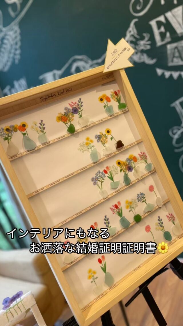 インテリアにもなる素敵な結婚証明書🌼  用意するものは
・額縁(ゲスト1人1人の名前入り)
・お花のシール
・シーグラス  お花のシールを自由に選んでいただき
シーグラスと合わせることで
花瓶に生けたお花に変身🌼  ご自身のお名前が書いてある場所に
置いていただきました。  1輪挿しの方もいれば
たくさんのお花を使う方も💐
ゲストの個性溢れる結婚証明書が完成しました。  ✽  お問い合わせやご質問はお気軽にHP、DMからどうぞ
@neo_flag.wedding  実例や結婚式のお役立ち情報など、
HPやYouTubeでも発信しております。
ぜひハイライトからご覧ください💐
.
#neoflag #ネオフラッグ #コンセプトウェディング #ウェディングプロデュース #ウエディングプロデュース #オリジナルウェディング #オリジナルウエディング #15次会 #ウェディングパーティー #ウエディングパーティー #結婚式準備 #会費制結婚式 #会費制パーティー #会費制ウェディング #結婚式演出 #結婚証明書 #結婚証明書diy